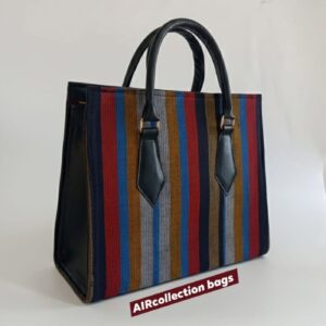 Multicolor Striped Canvas Tote with Leather Handles